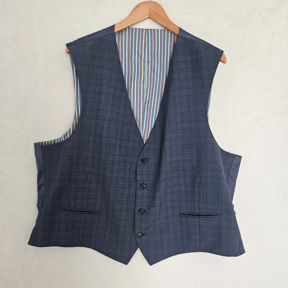 Coogi Luxe Mens 3 Piece Suit 52R Blue Glen Plaid Wool Blend Blazer Vest Pants